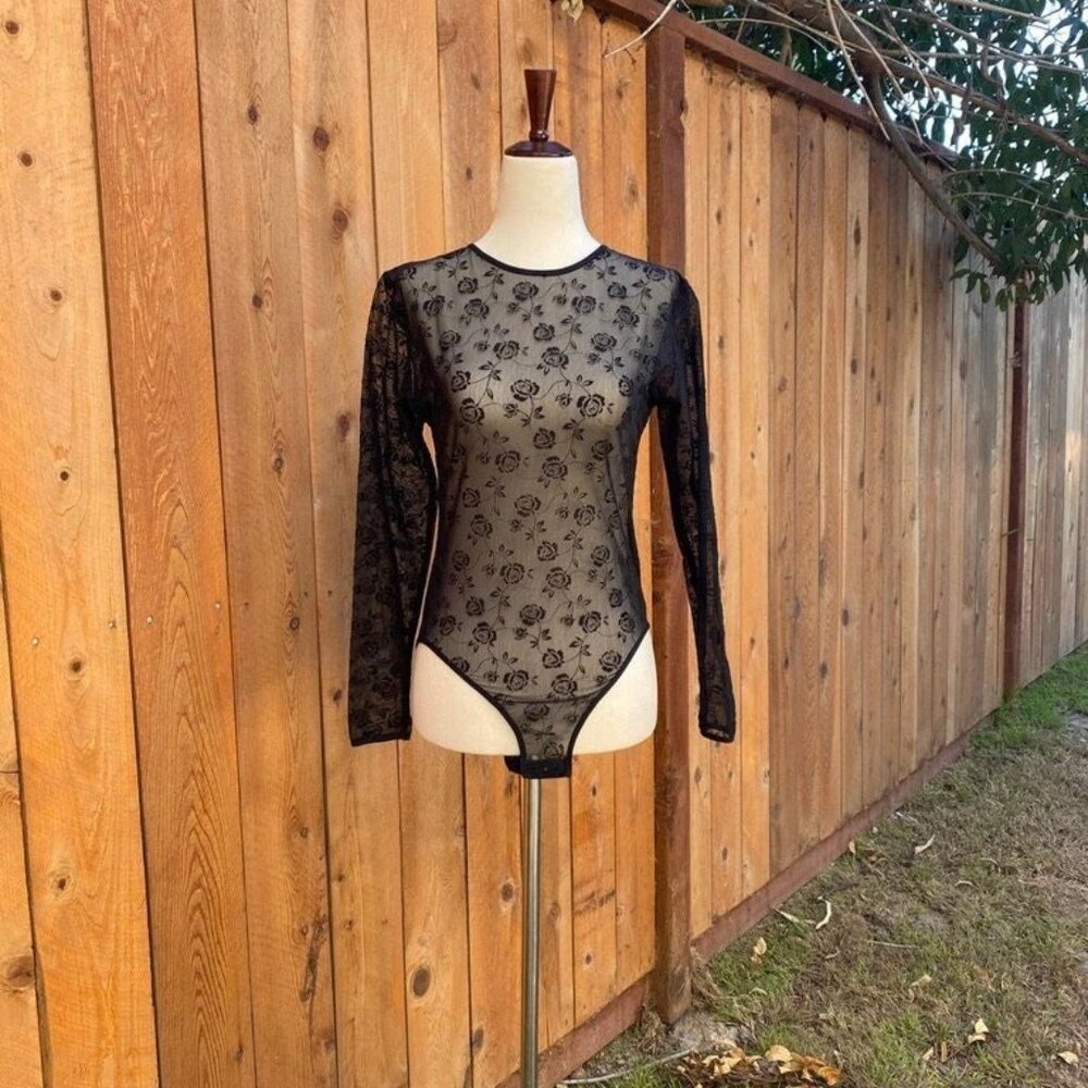 Vintage 1990s Bodysuit Sheer Floral Long Sleeve size Small
